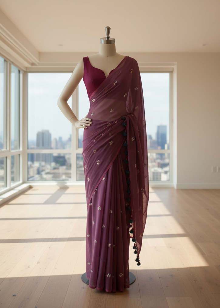 Mannequin wearing a purple saree with a cityscape view through large windows.