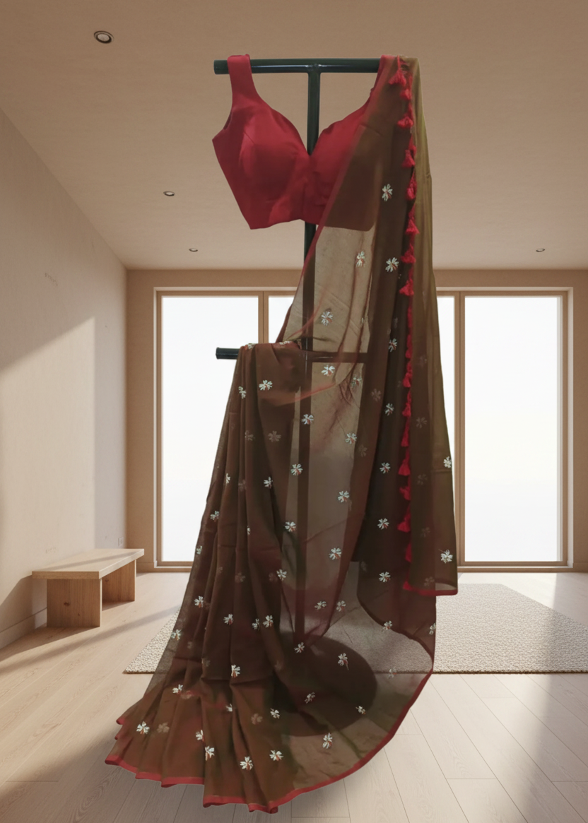 Brown saree with red blouse draped over a rod in a well-lit room.