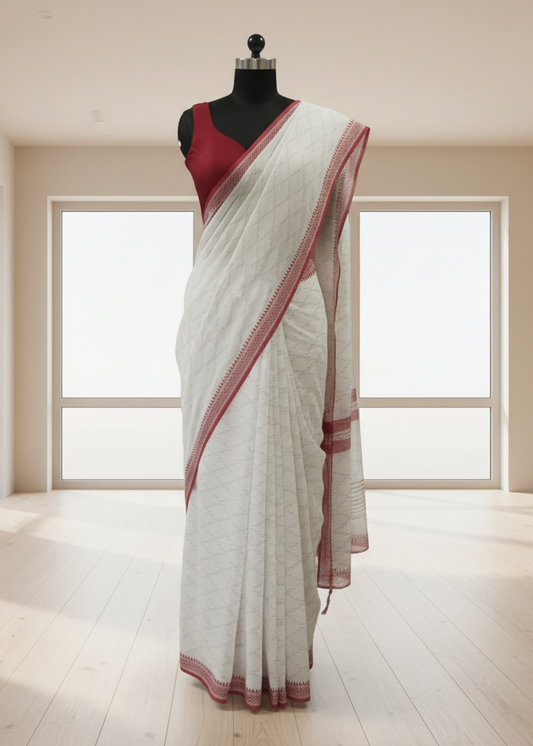 White saree with red border on a mannequin against a neutral background
