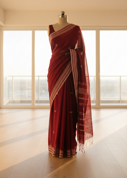 Maroon saree with white patterns on a mannequin against a neutral background