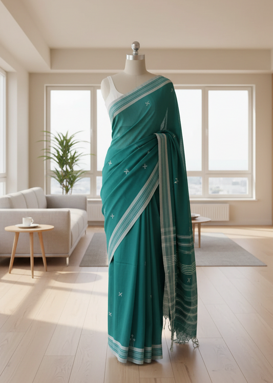 Teal saree with white patterns on a mannequin in a bright room.