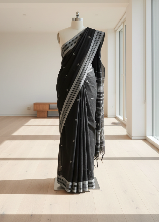 Black saree with white patterns on a mannequin in a minimal indoor setting