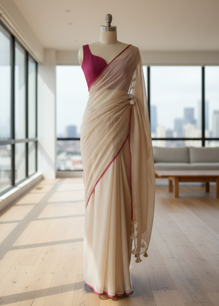 Mannequin wearing a beige saree with a pink blouse in a room with large windows.