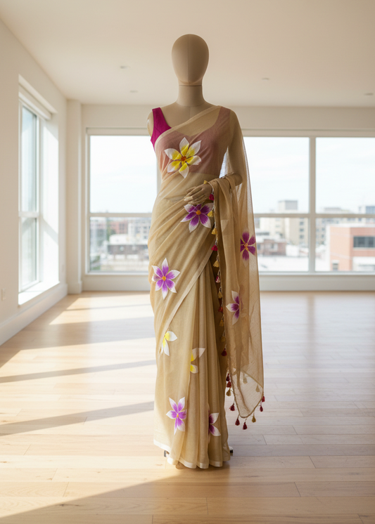 Mannequin wearing a beige saree with floral patterns in a bright room.