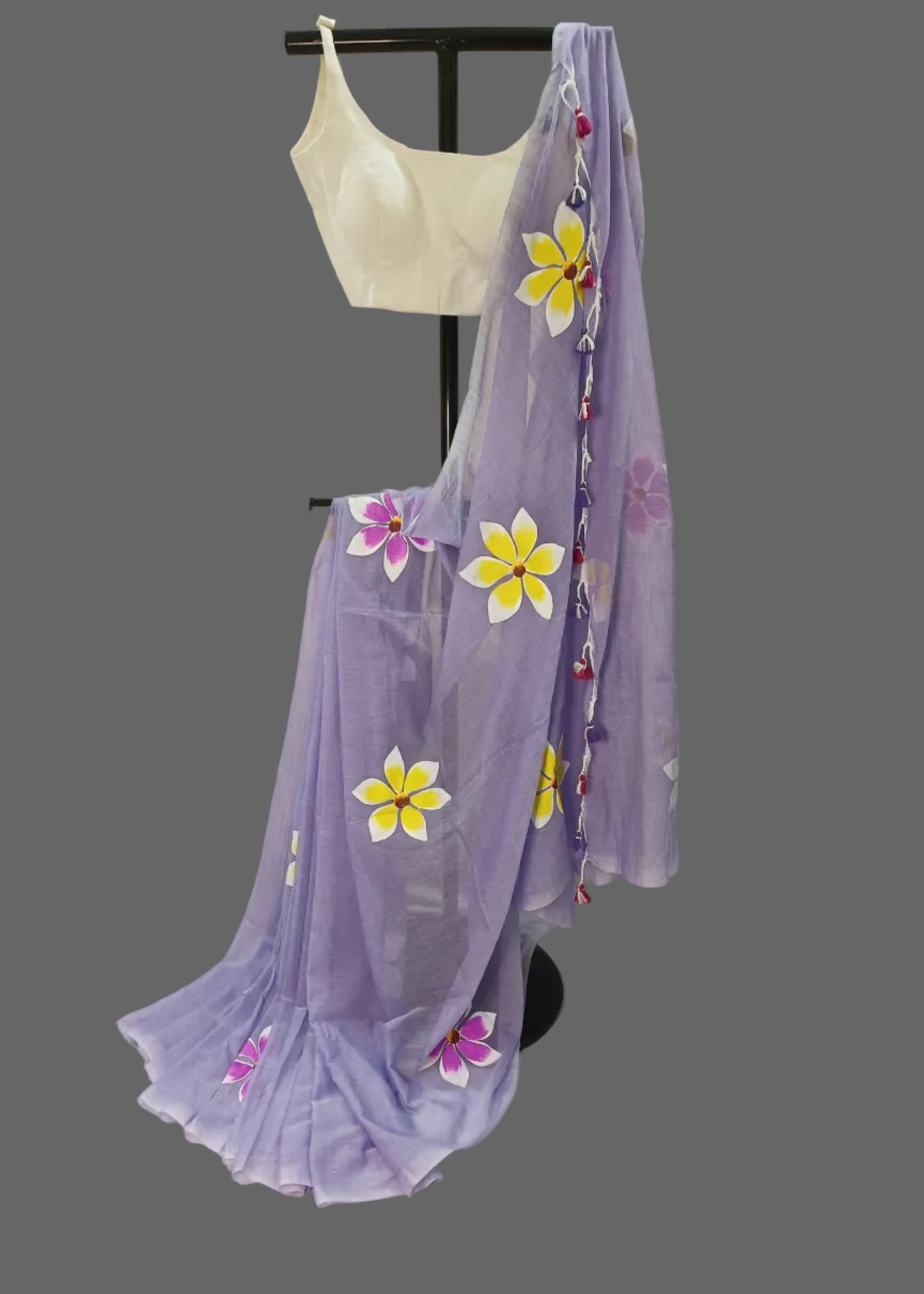 Purple floral saree with a white background