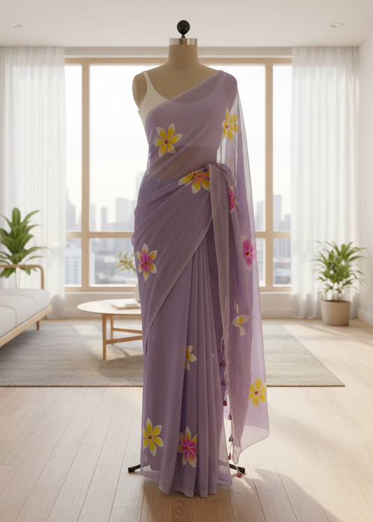 Lavender saree with floral patterns on a mannequin in a bright room with large windows.