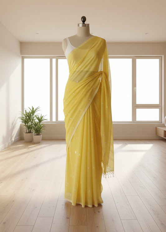 Yellow saree on a mannequin in a bright room with large windows.