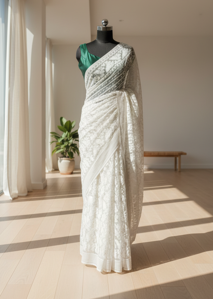 White saree with green blouse on a mannequin in a room with sunlight filtering through curtains.