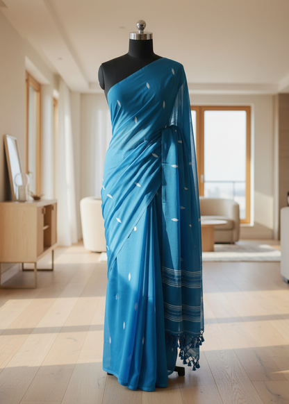 Blue saree on a mannequin in a room with furniture and large windows.