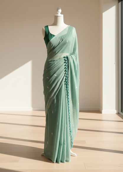Green cotton saree on a mannequin against a neutral background