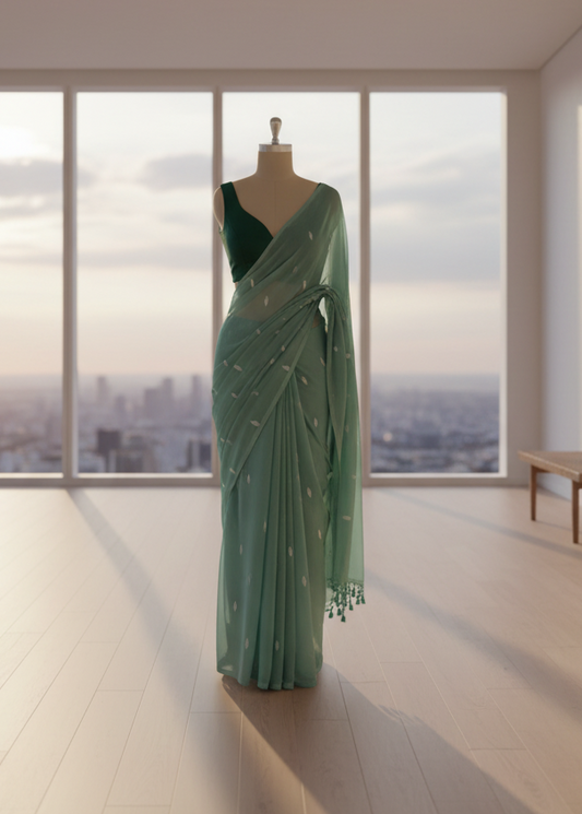 Green saree on a mannequin in a room with large windows showing a cityscape.