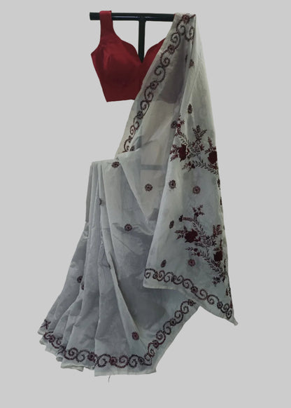 Mrinalini Ivory Threadwork Cotton Saree