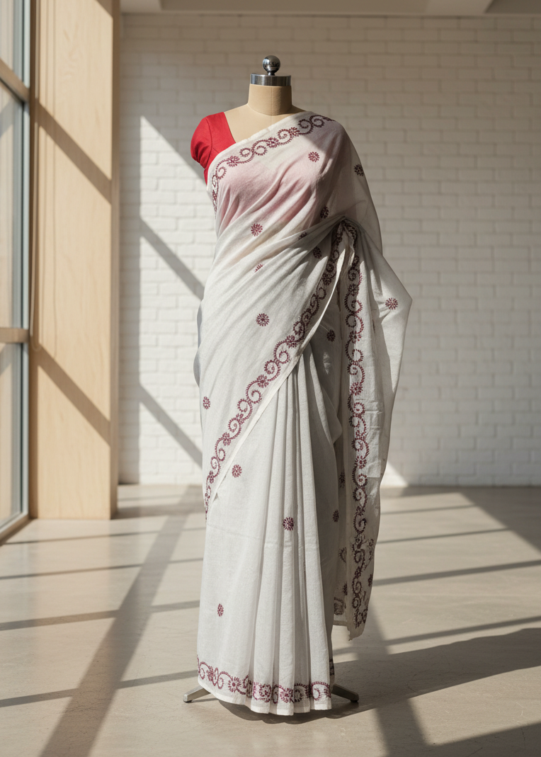 white cotton saree with threadwork