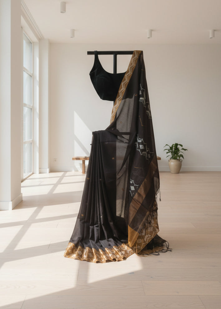 Black linen saree with gold border