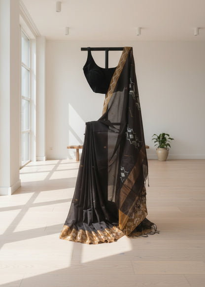 Black linen saree with gold border
