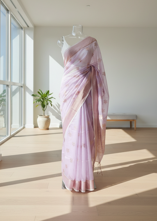 Pink Linen saree with rose gold zari