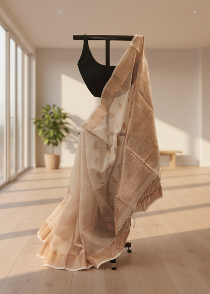Beige linen saree with rose gold zari
