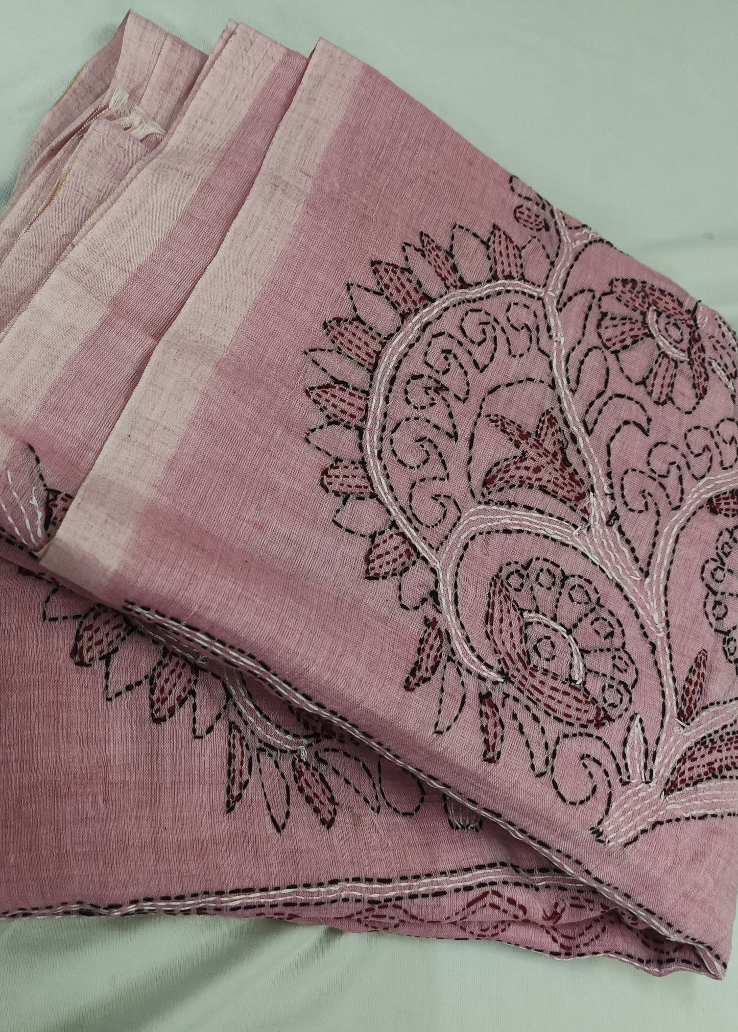 Gulnaar Blush Pink Kantha Stitch Mul Cotton Saree
