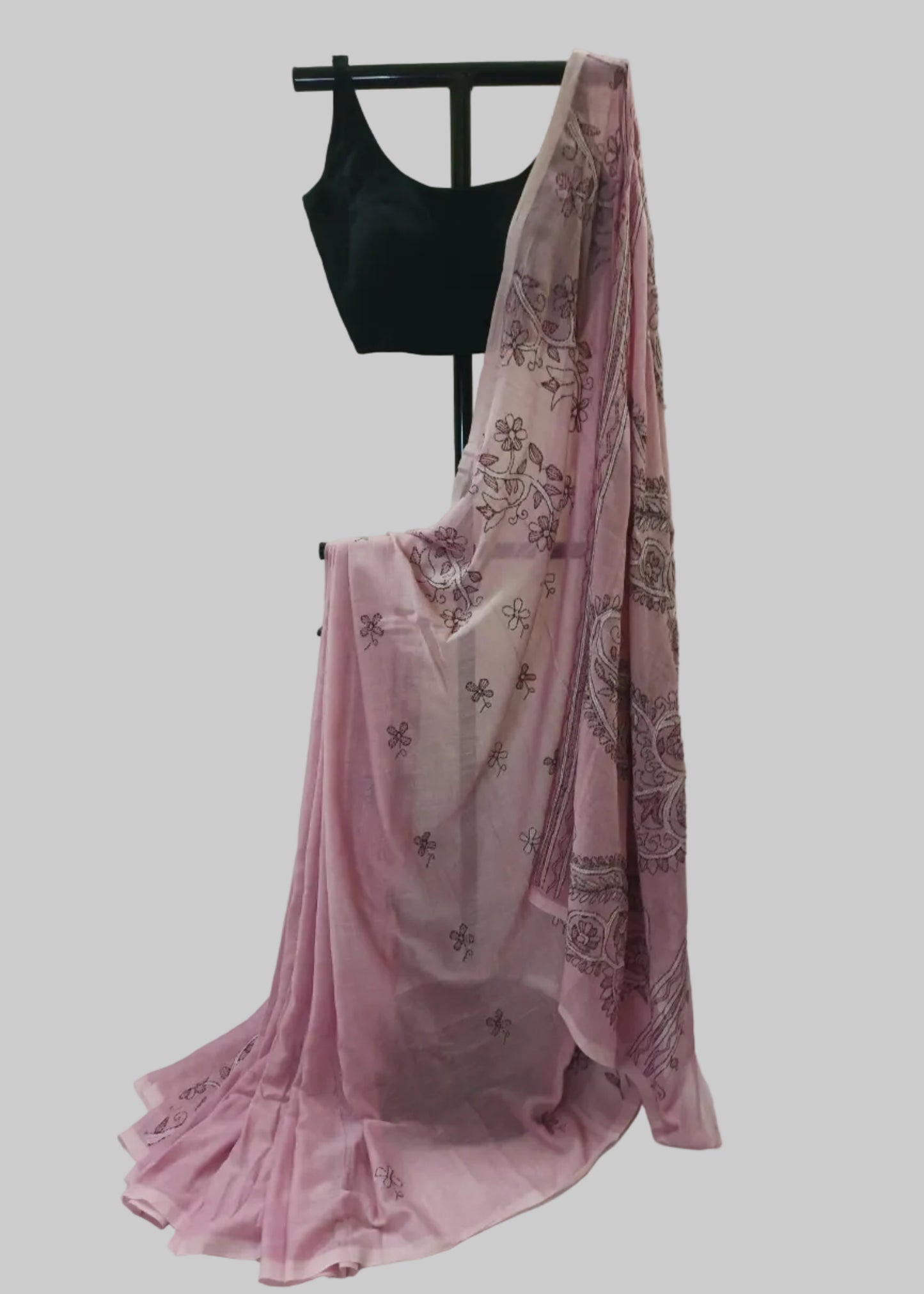 Gulnaar Blush Pink Kantha Stitch Mul Cotton Saree
