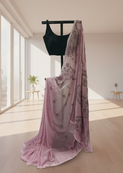 Gulnaar Blush Pink Kantha Stitch Mul Cotton Saree