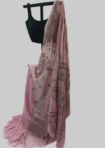 Gulnaar Blush Pink Kantha Stitch Mul Cotton Saree