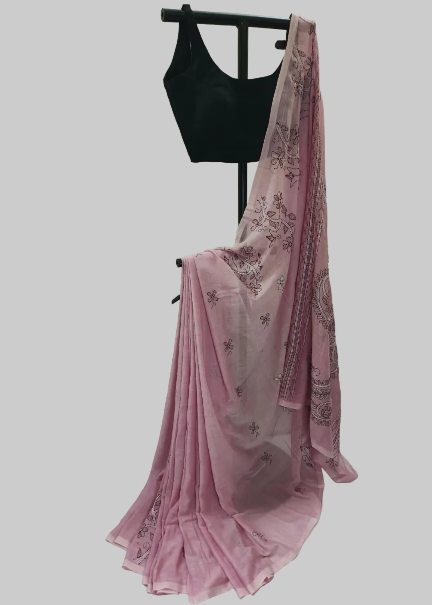 Gulnaar Blush Pink Kantha Stitch Mul Cotton Saree