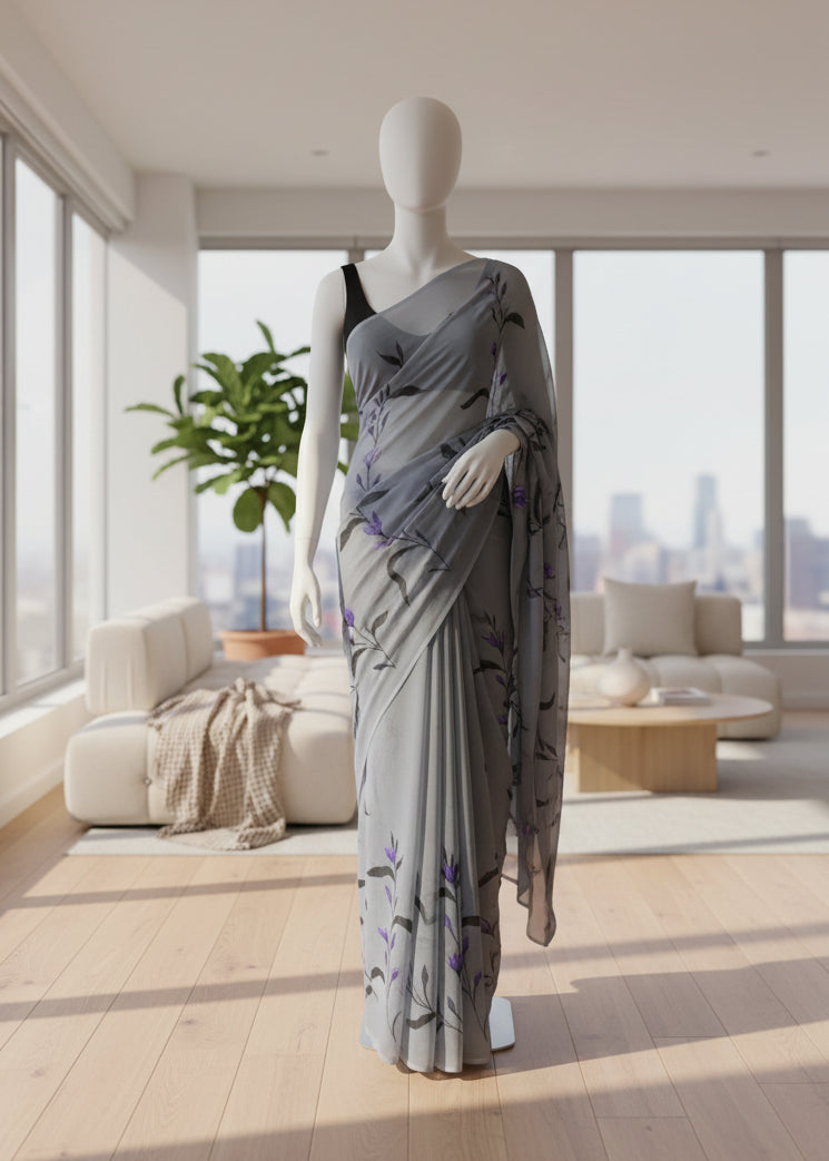 Grey printed Mul cotton saree