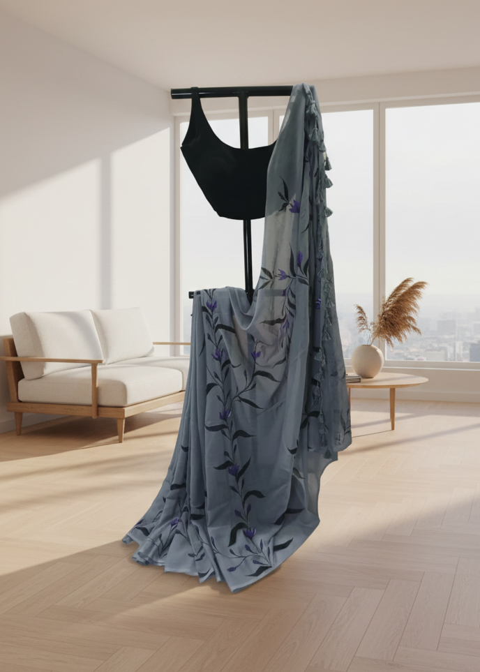 Neelika Grey Mul Cotton Saree