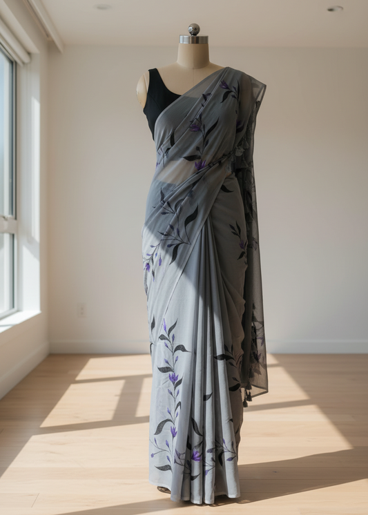 grey printed mul cotton saree
