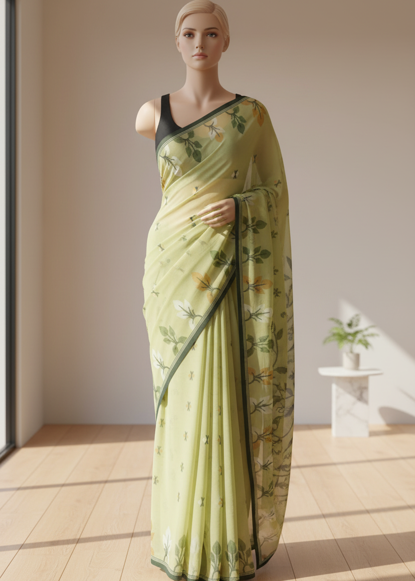 Lime printed cotton saree