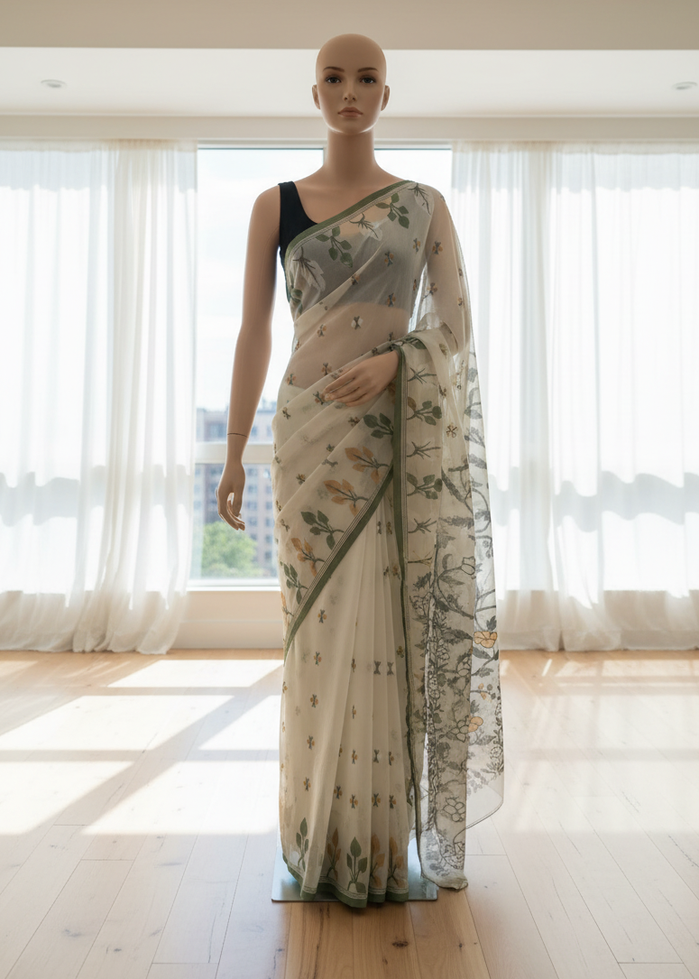 white printed cotton saree