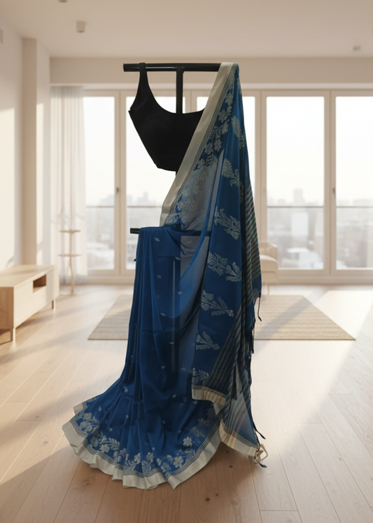 Blue Cotton Saree with floral work