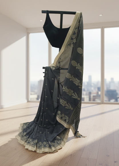 charcoal grey cotton saree