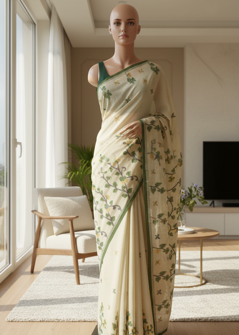 Ivory white cotton saree with floral print