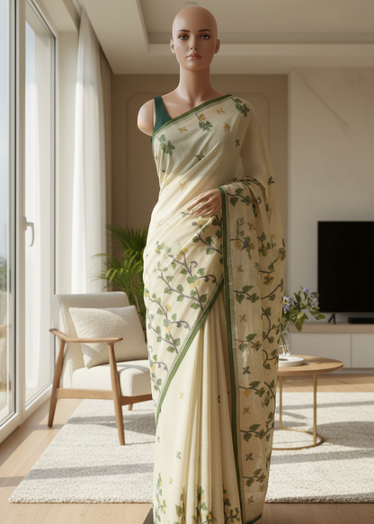 Ivory white cotton saree with floral print