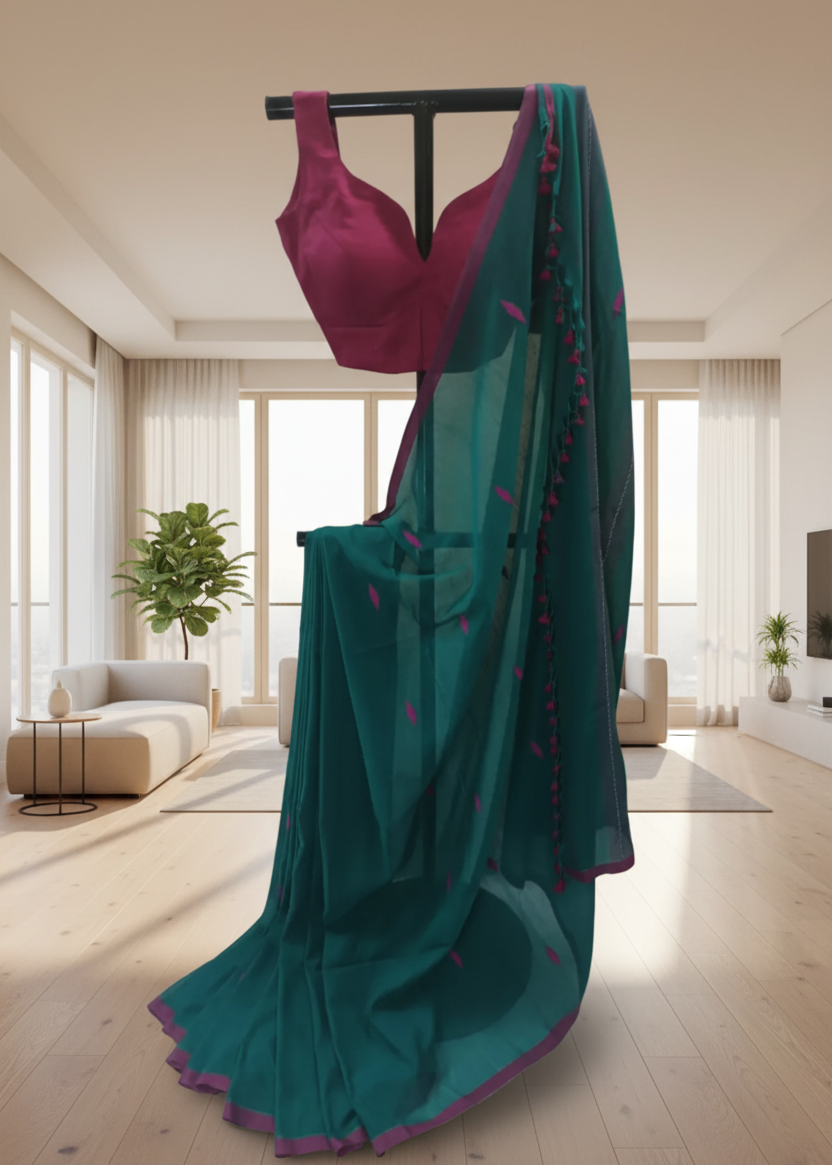A teal green saree with a magenta pink blouse and border details, displayed on a black clothing rack in a bright, modern living room.