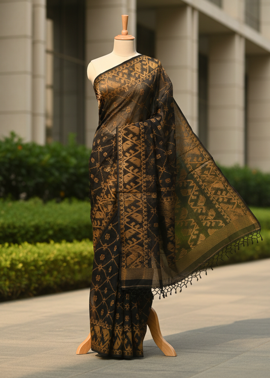A black and gold patterned saree displayed on a mannequin outdoors, with a blurred background of greenery and a building.