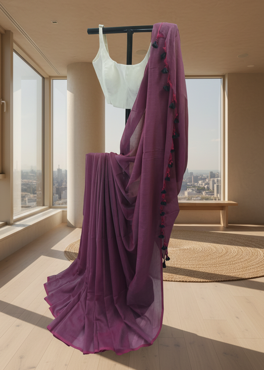 Purple garment draped over a black rod with a cityscape view through large windows.