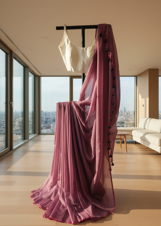Pink saree with black details on a stand in a modern room with large windows.
