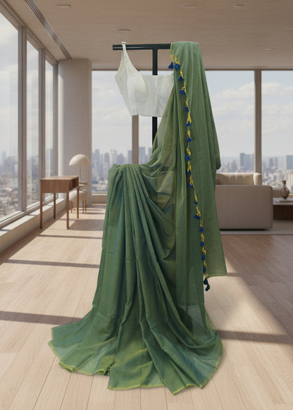 Green saree with a white blouse on a white background