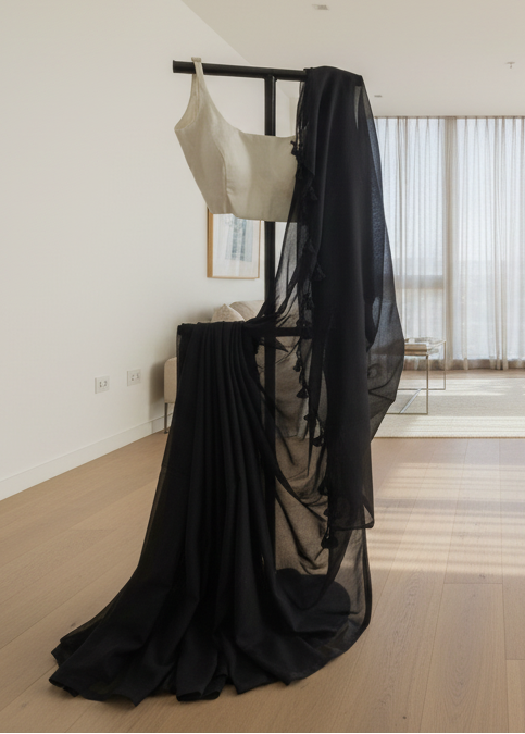 Black and white dress on a rack in a minimalistic room with large windows.