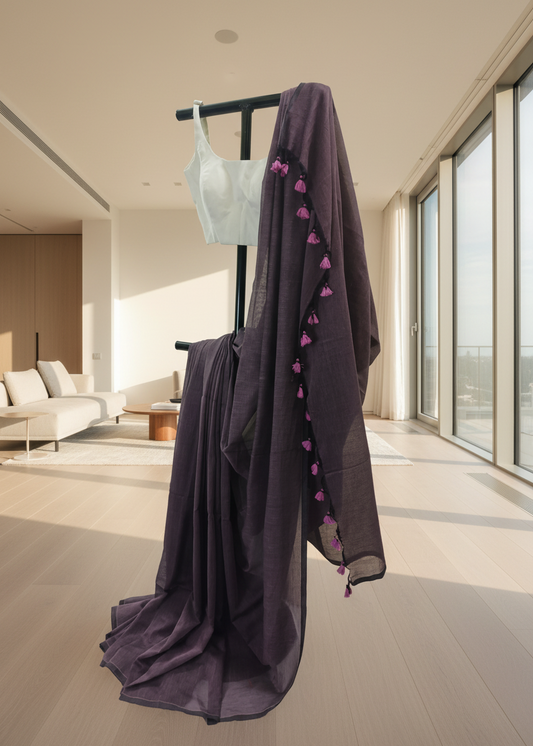 Purple garment with pink accents on a rack in a modern living room.