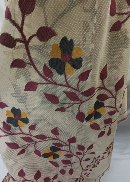 Close-up of a fabric with floral pattern on a beige background