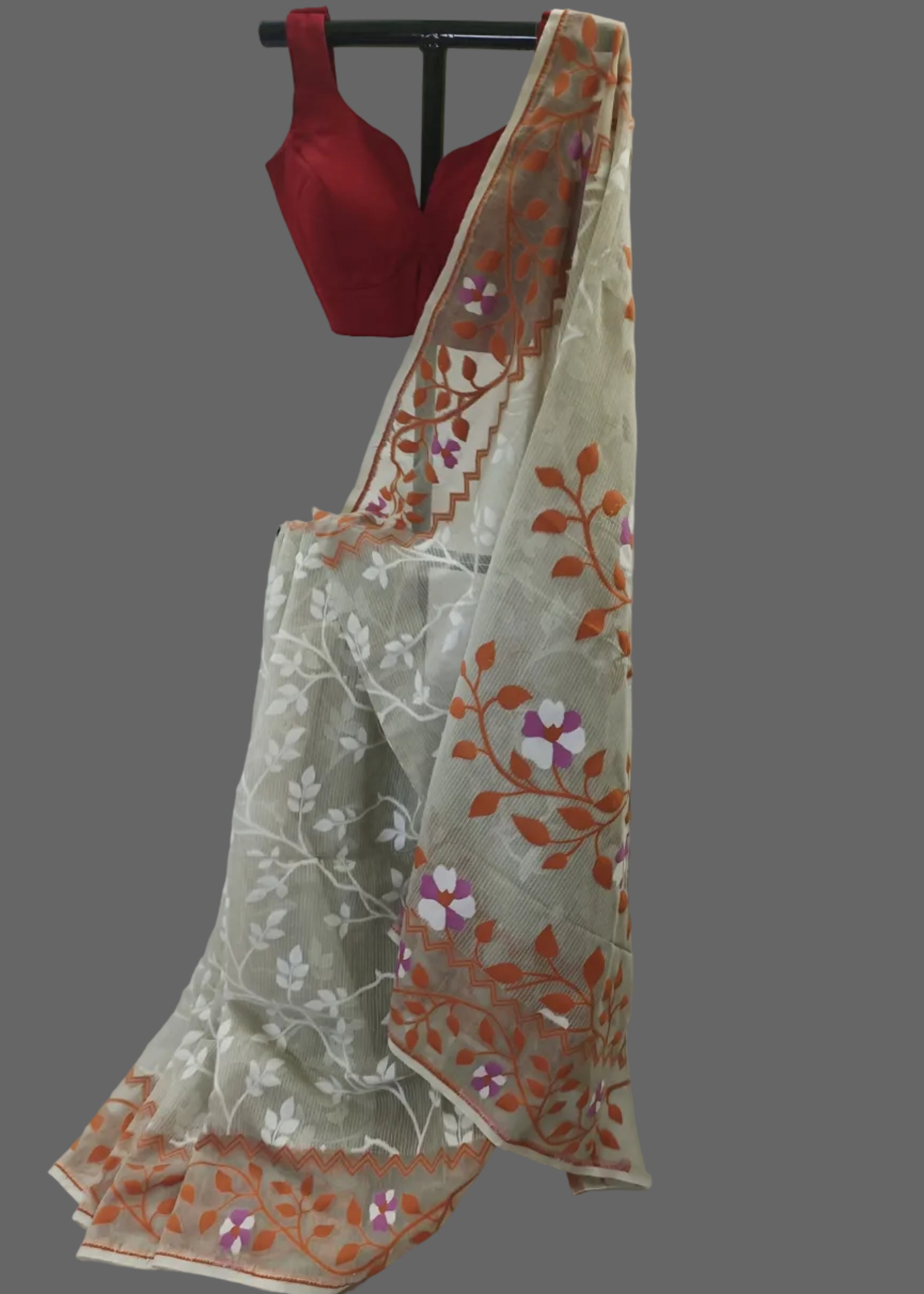 Saree with floral patterns on a gray background
