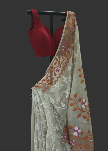 Saree with floral patterns on a white background