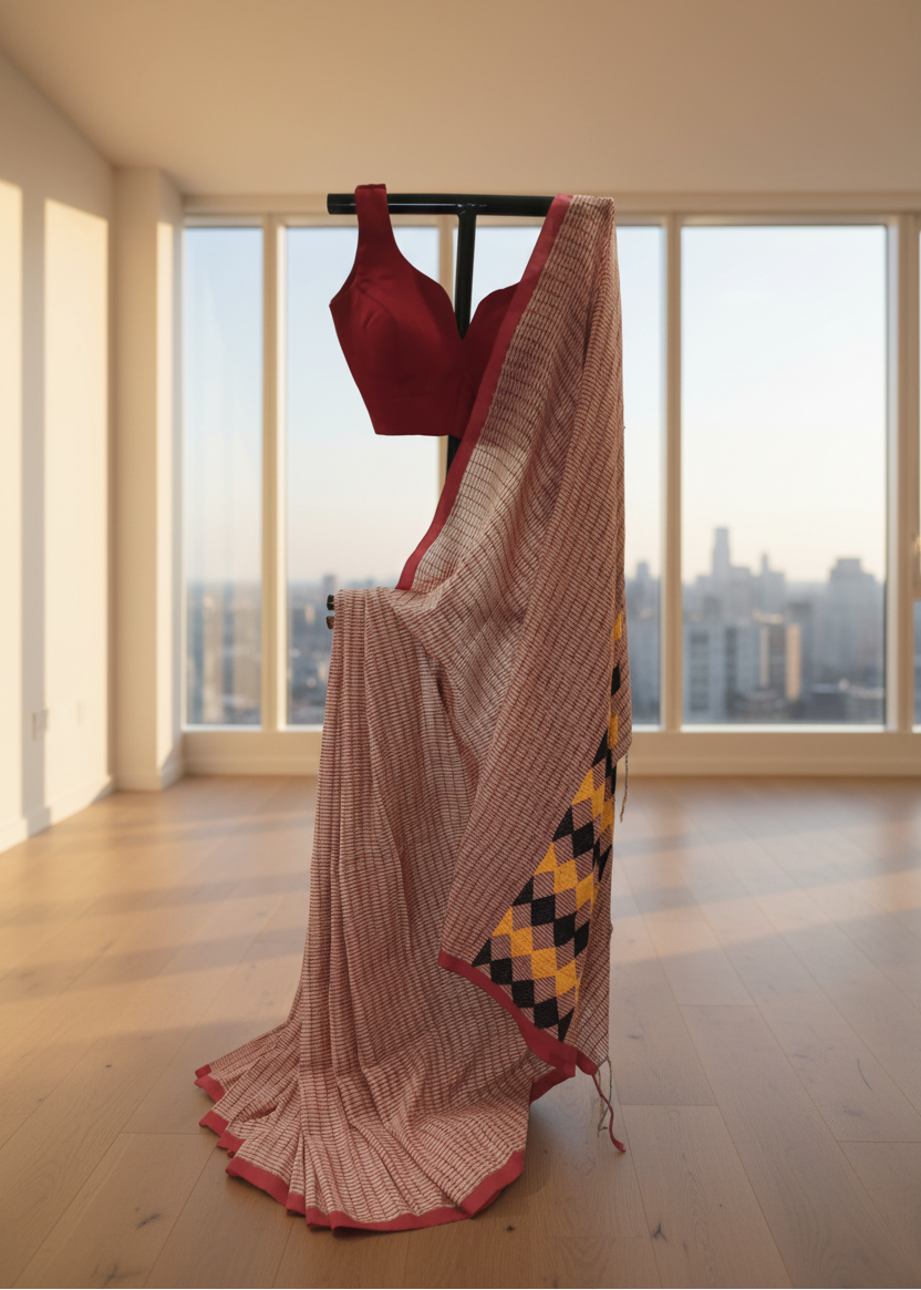 Pink Kantha stitch Saree