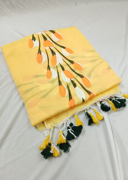 Yellow saree with floral pattern and tassels on a white background