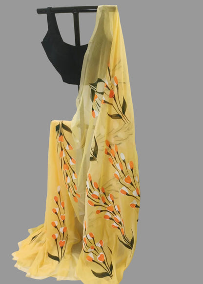 Yellow scarf with floral pattern on a white background