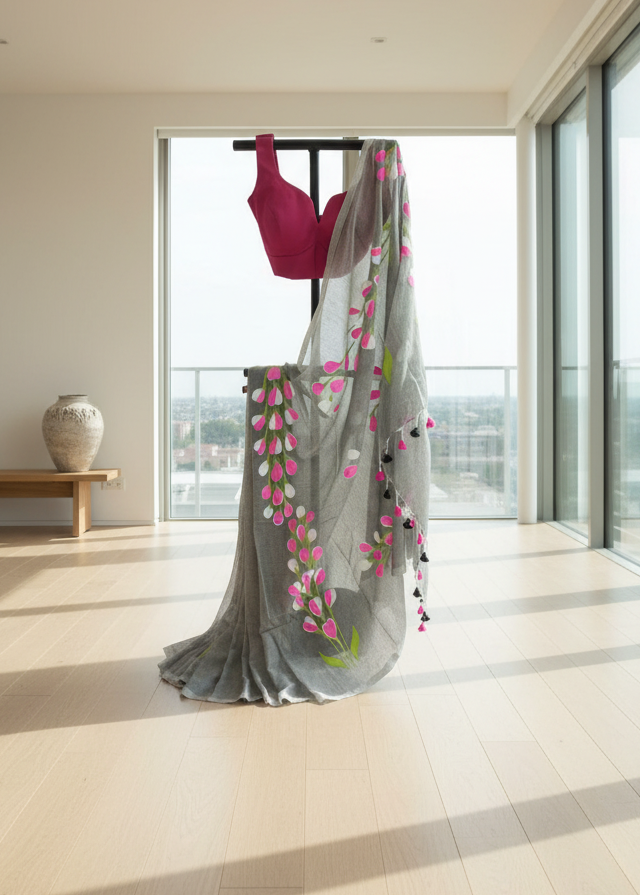 Phooljhuri Handprinted Mul Cotton Saree