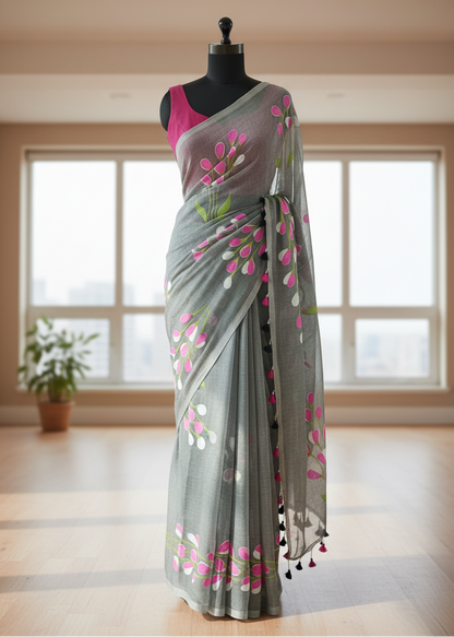 Gray mul cotton saree with floral patterns on a mannequin against a windowed wall.